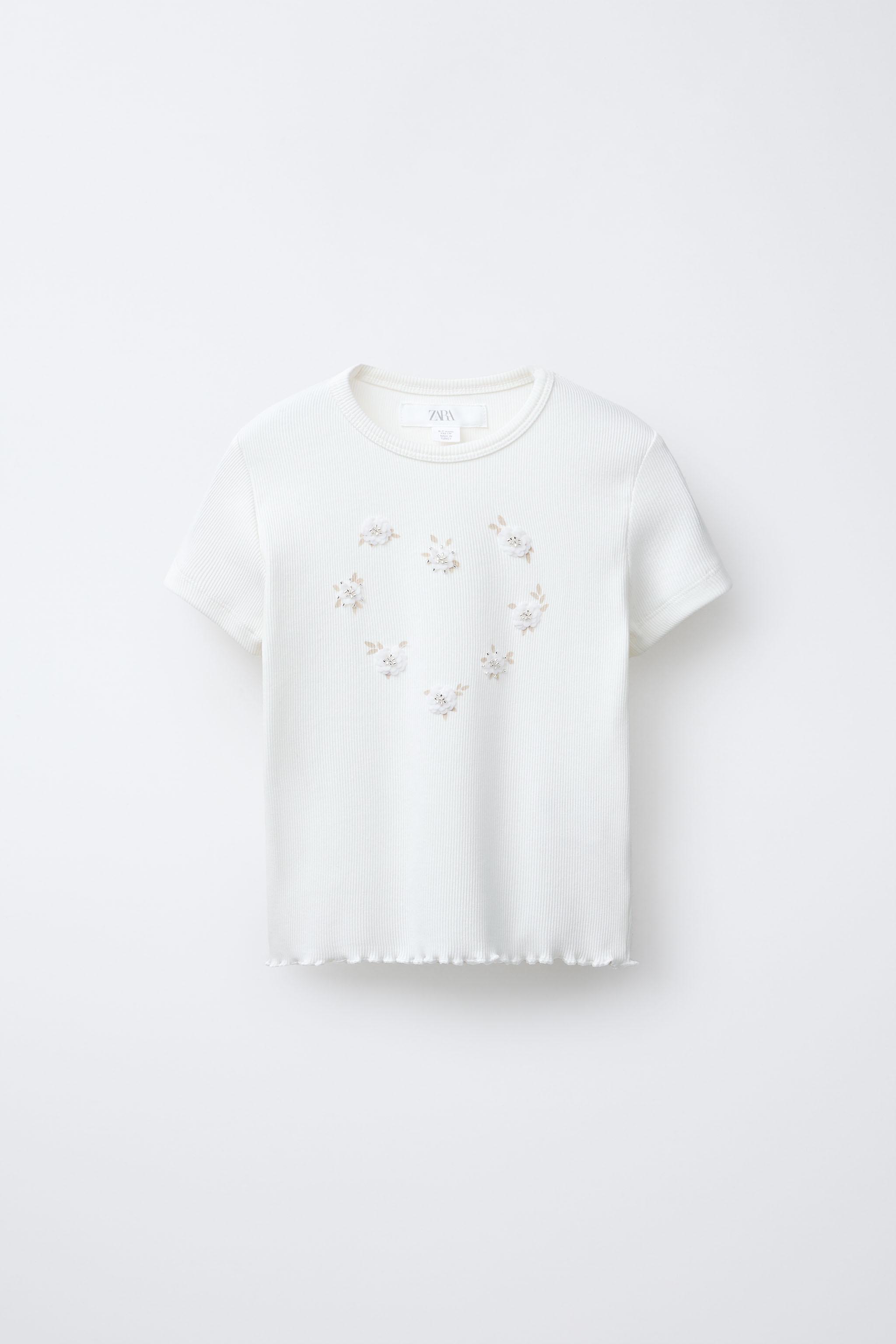 RIB T-SHIRT WITH BEADED FLOWERS